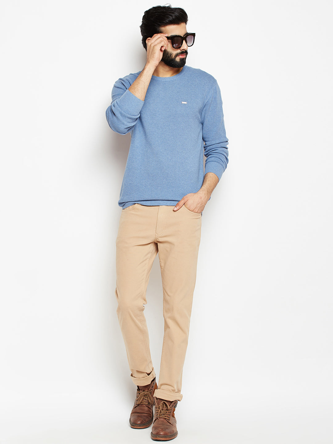 Blue Solid Round Neck Sweater-Mens Sweaters-Crimsoune Club