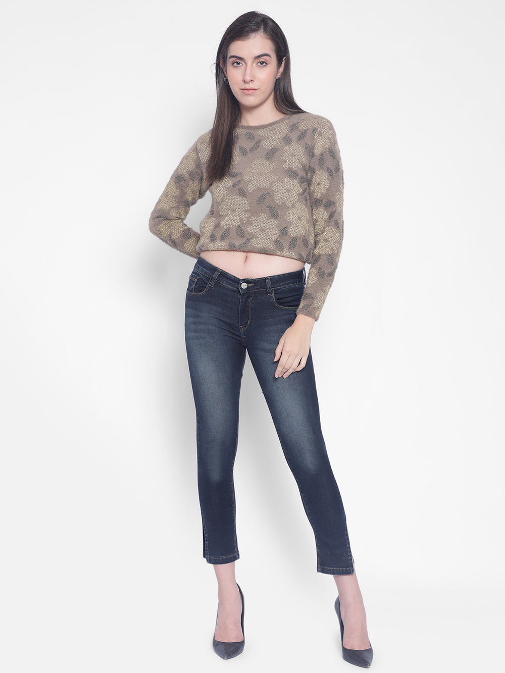 Navy Blue Jeans With Slits-Women Jeans-Crimsoune Club