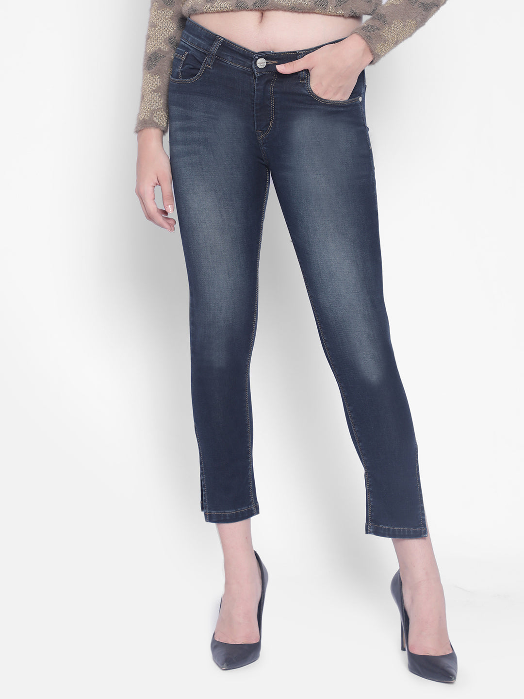 Navy Blue Jeans With Slits-Women Jeans-Crimsoune Club