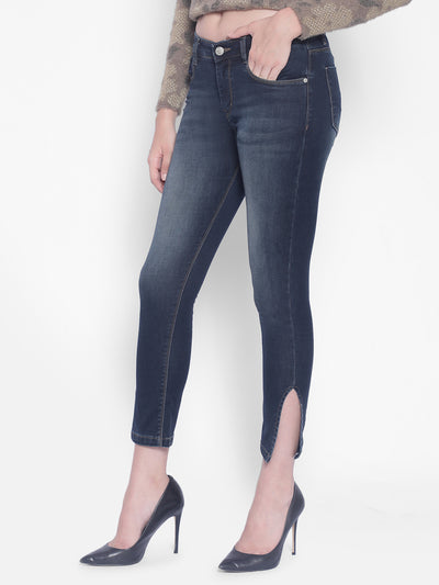 Navy Blue Jeans With Slits-Women Jeans-Crimsoune Club