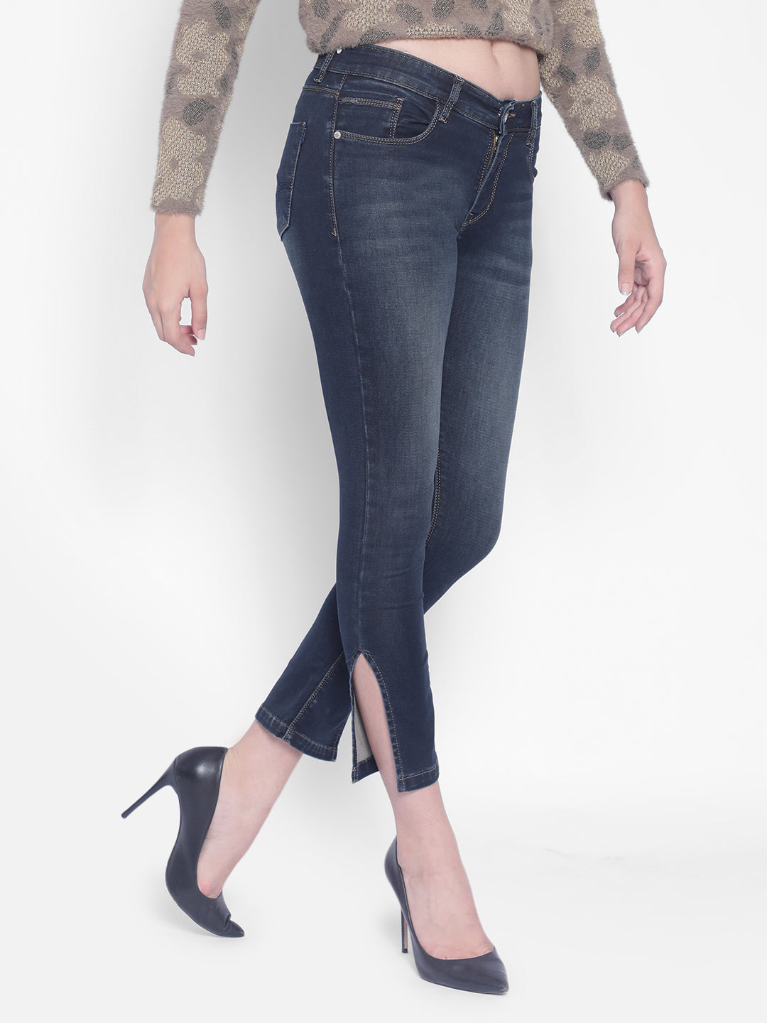 Navy Blue Jeans With Slits-Women Jeans-Crimsoune Club