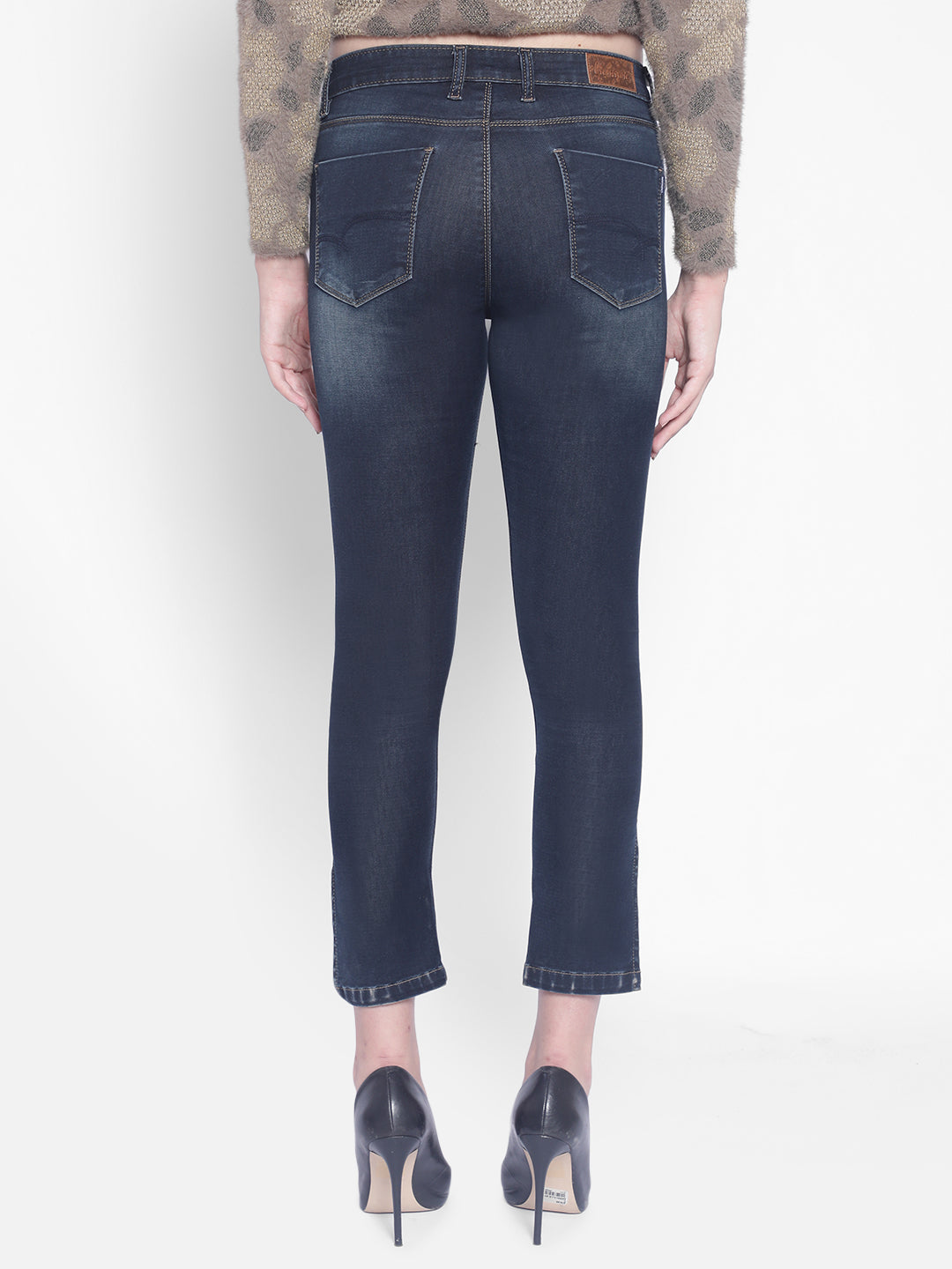 Navy Blue Jeans With Slits-Women Jeans-Crimsoune Club