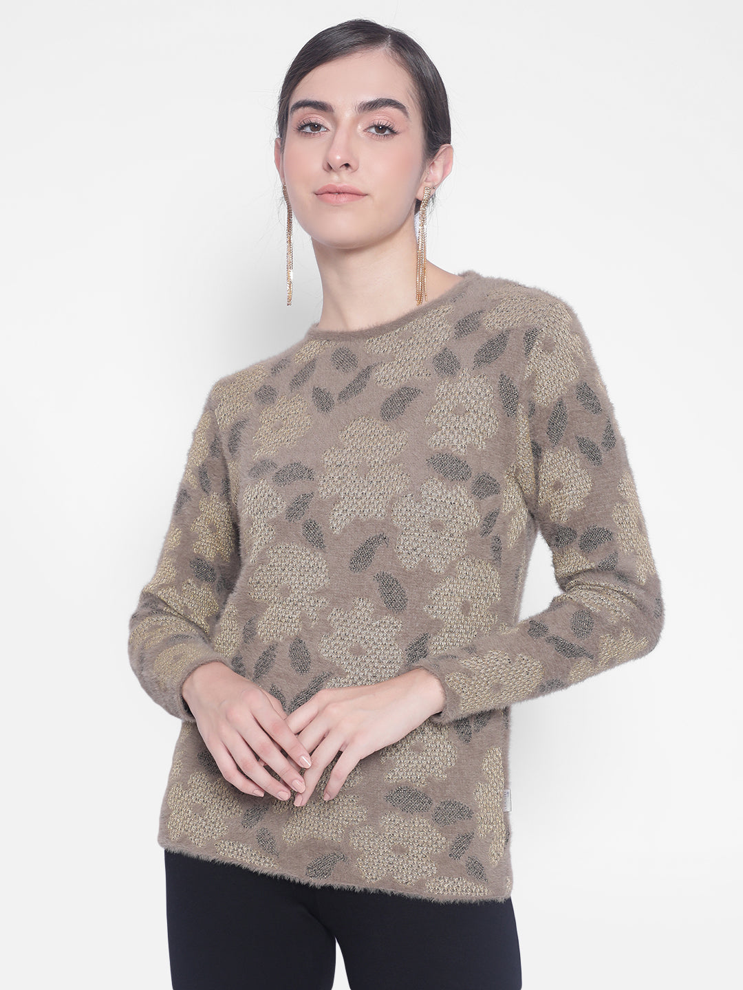 Brown Printed Sweaters-Women Sweaters-Crimsoune Club