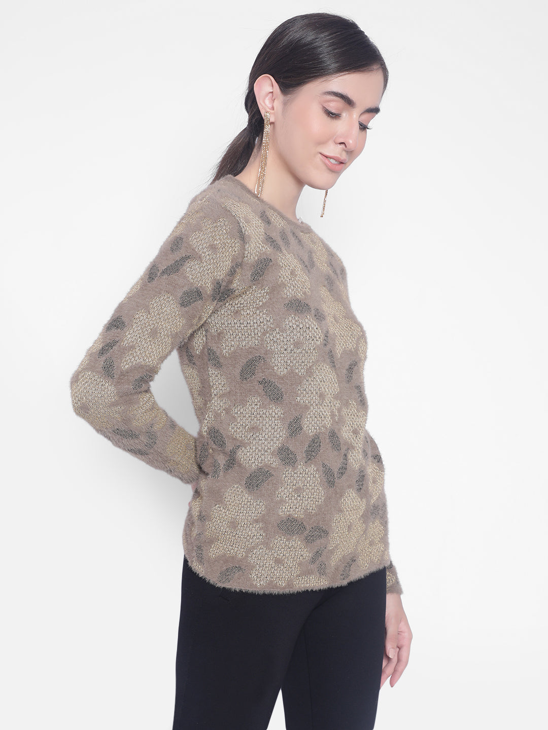 Brown Printed Sweaters-Women Sweaters-Crimsoune Club