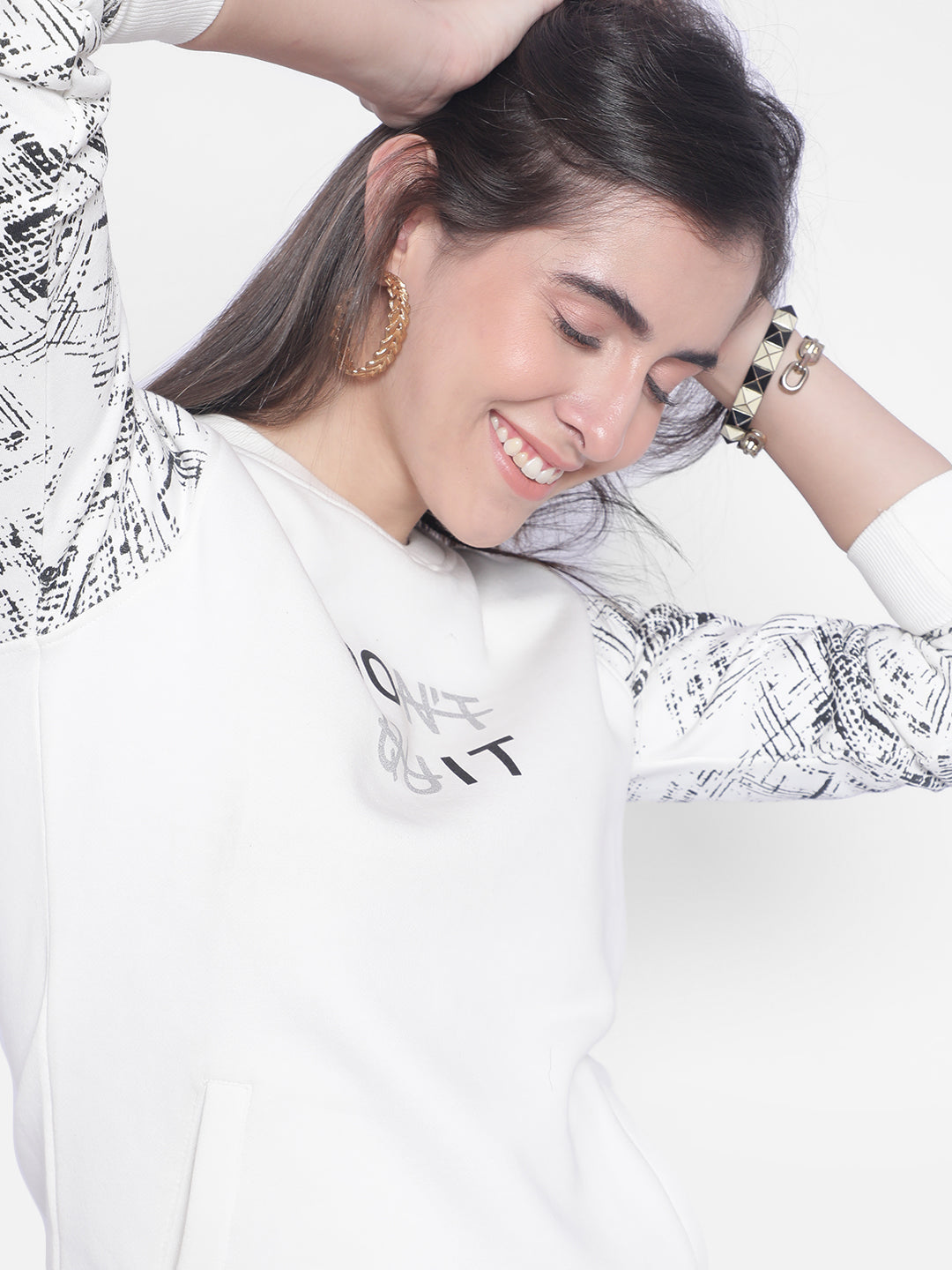 White Printed Sweatshirt-Women Sweatshirts-Crimsoune Club