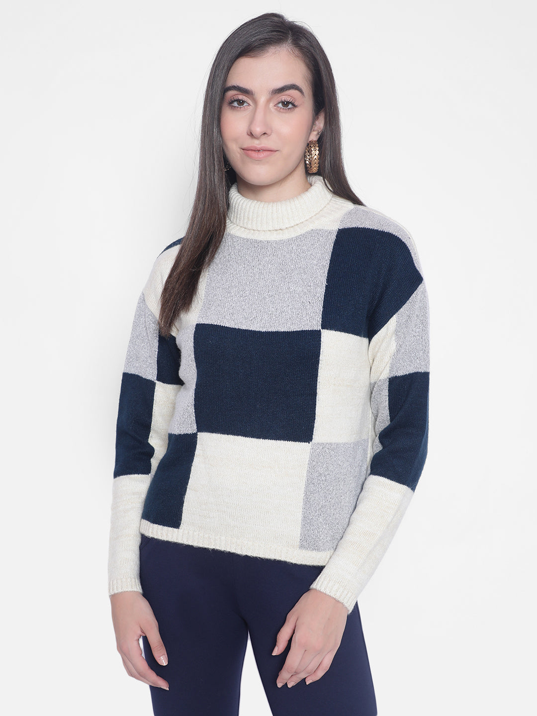 Cream Colourblocked Sweaters-Women Sweaters-Crimsoune Club