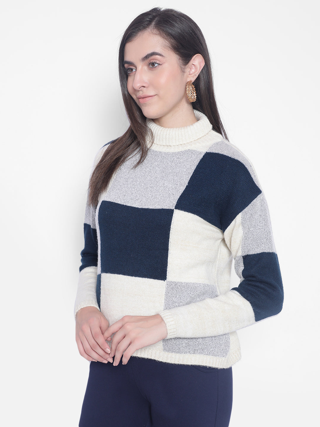 Cream Colourblocked Sweaters-Women Sweaters-Crimsoune Club