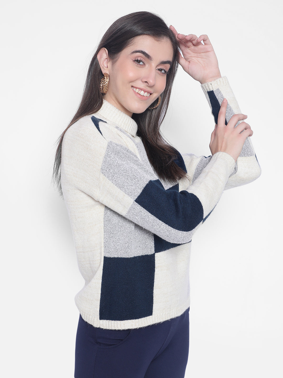 Cream Colourblocked Sweaters-Women Sweaters-Crimsoune Club