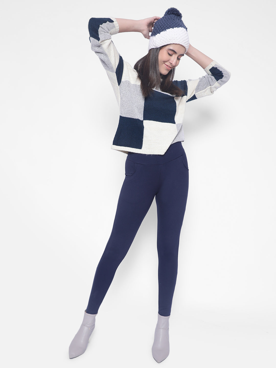 Cream Colourblocked Sweaters-Women Sweaters-Crimsoune Club