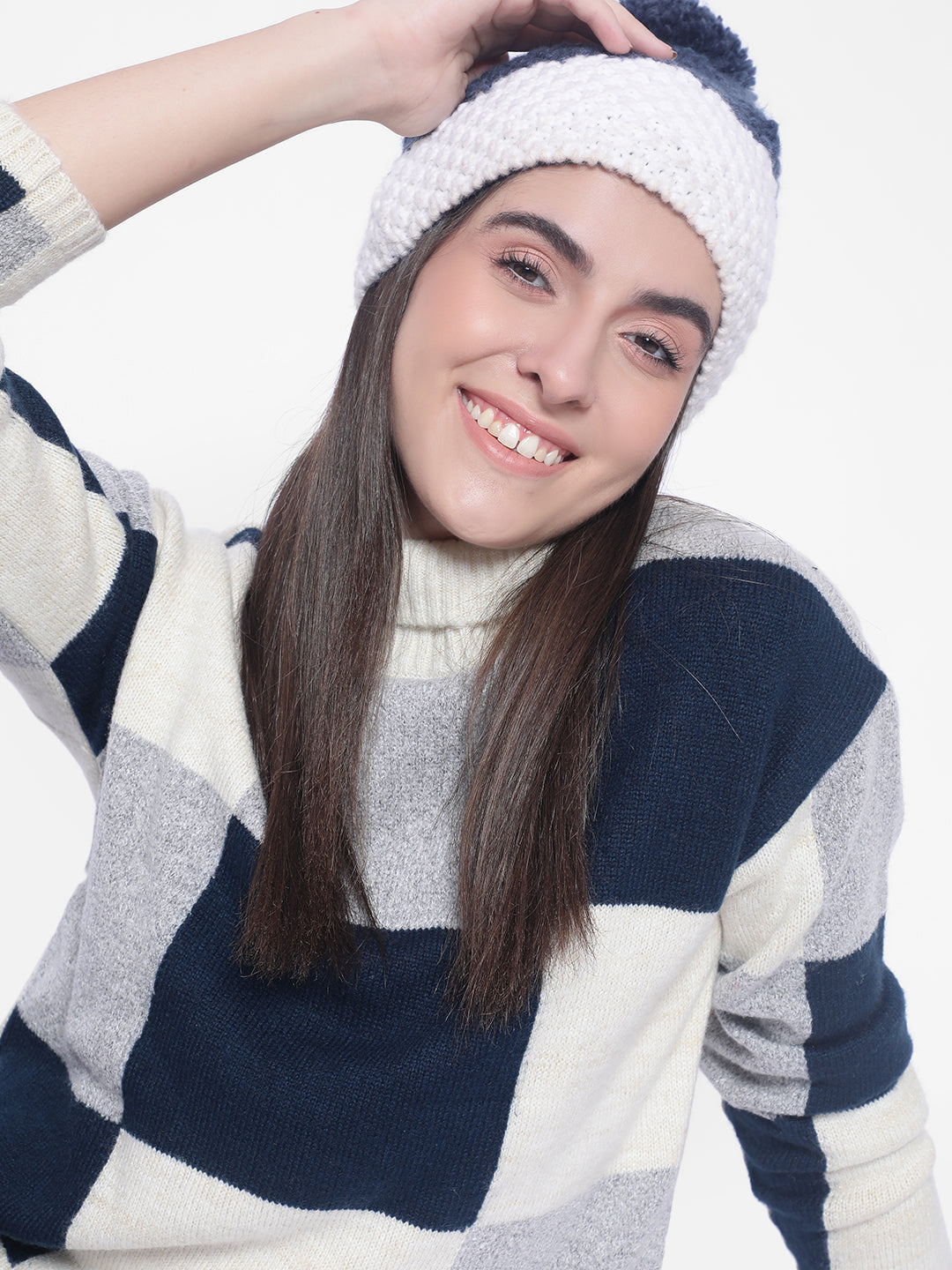 Cream Colourblocked Sweaters-Women Sweaters-Crimsoune Club