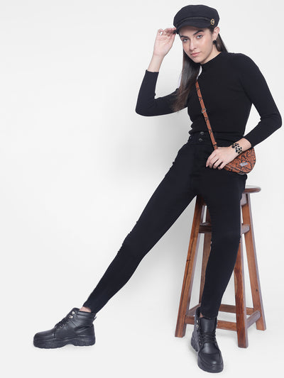 Black High-Neck Sweaters-Women Sweaters-Crimsoune Club