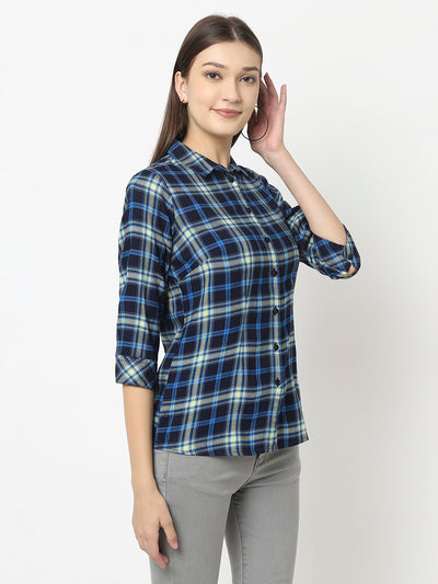 Navy Blue Shirt in Tartan Checks-Women Shirts-Crimsoune Club