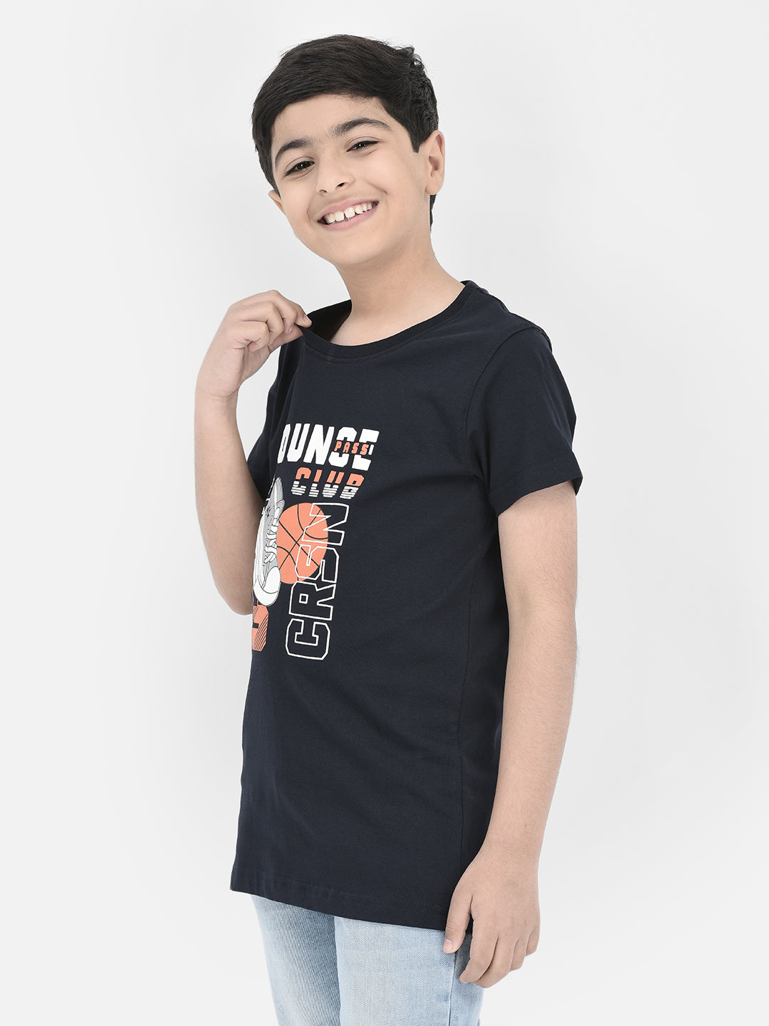 Navy Blue Printed Round Neck T-shirt-Boys T-Shirts-Crimsoune Club