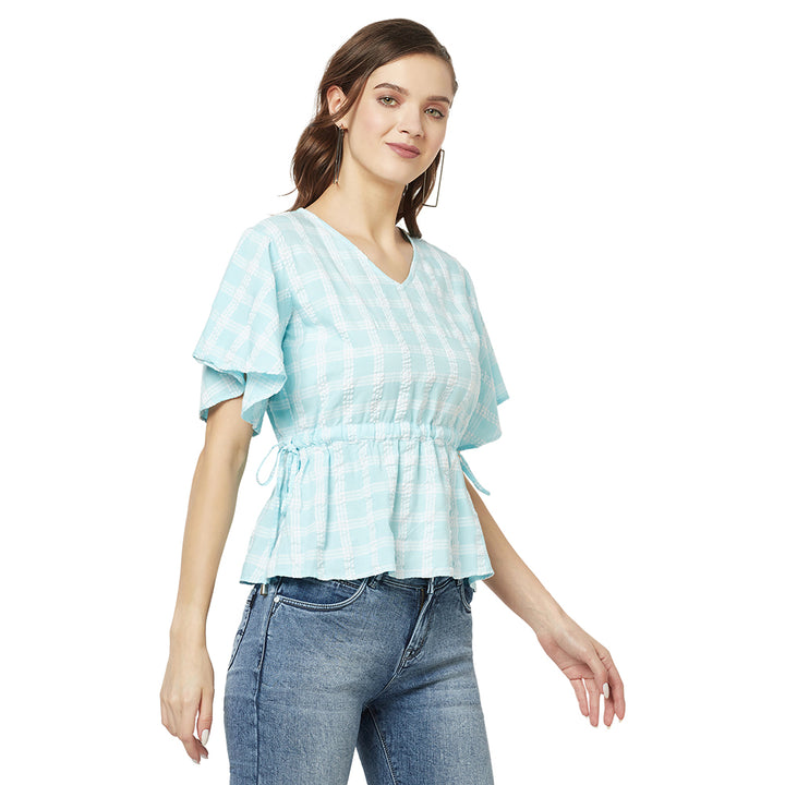 Blue Checked Empire Top-Women Tops-Crimsoune Club