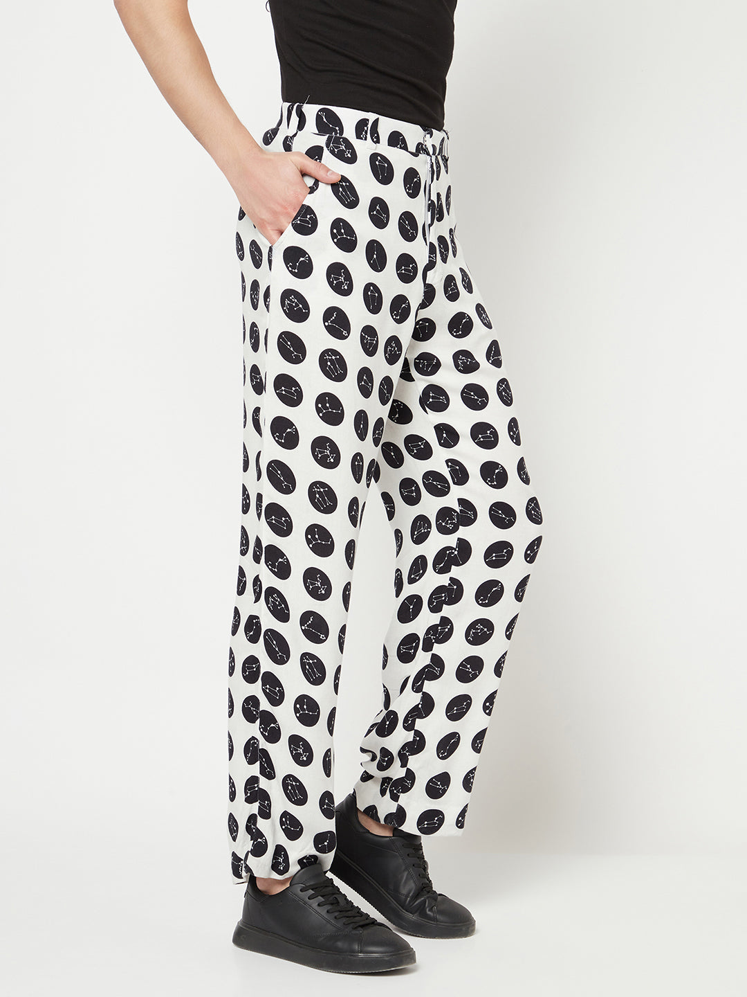 White Polka Dot Printed Trouser-Men Trousers-Crimsoune Club