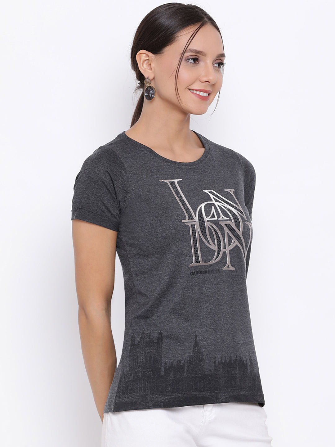 Grey Graphic T-shirt-Women T-Shirts-Crimsoune Club