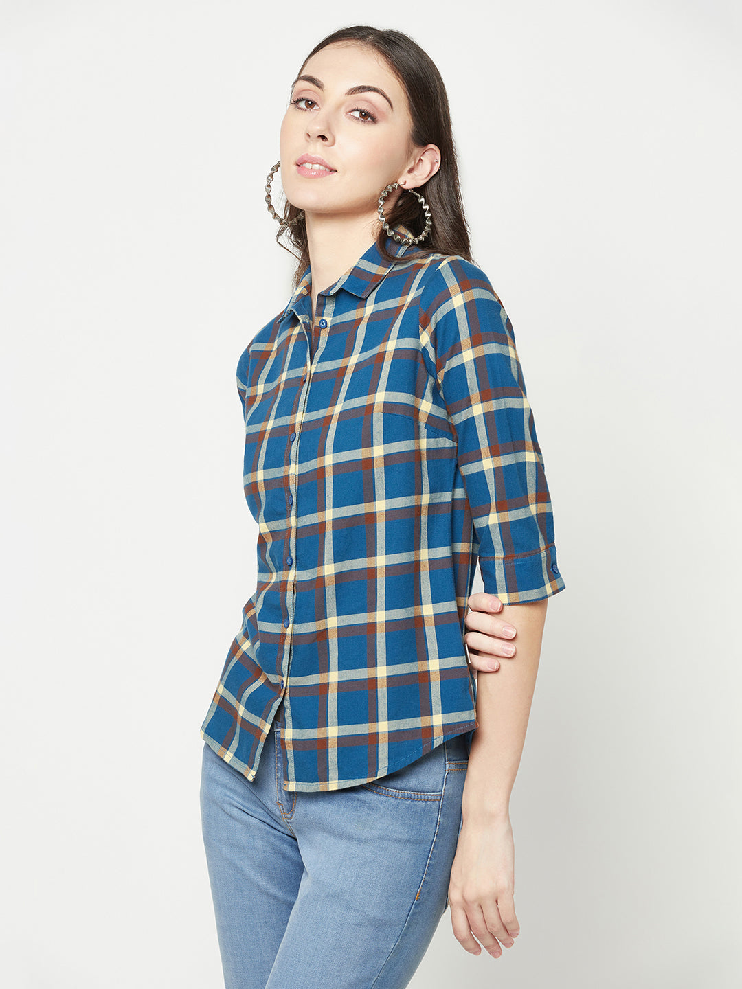Navy Blue Checked Shirt-Women Shirts-Crimsoune Club