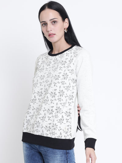 Off White Floral Printed Sweat Shirt-Women Sweatshirts-Crimsoune Club