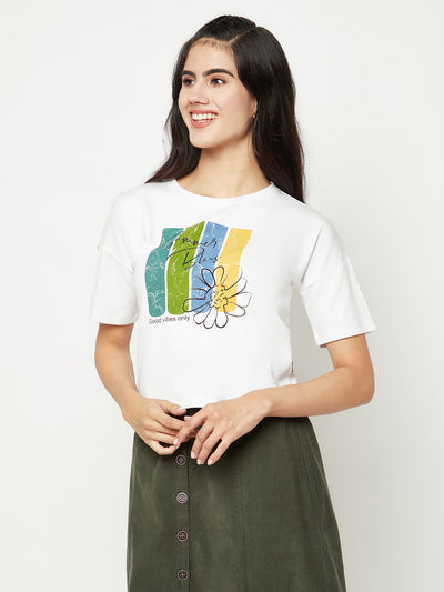 White Printed Round Neck T-shirt-Women T-Shirts-Crimsoune Club