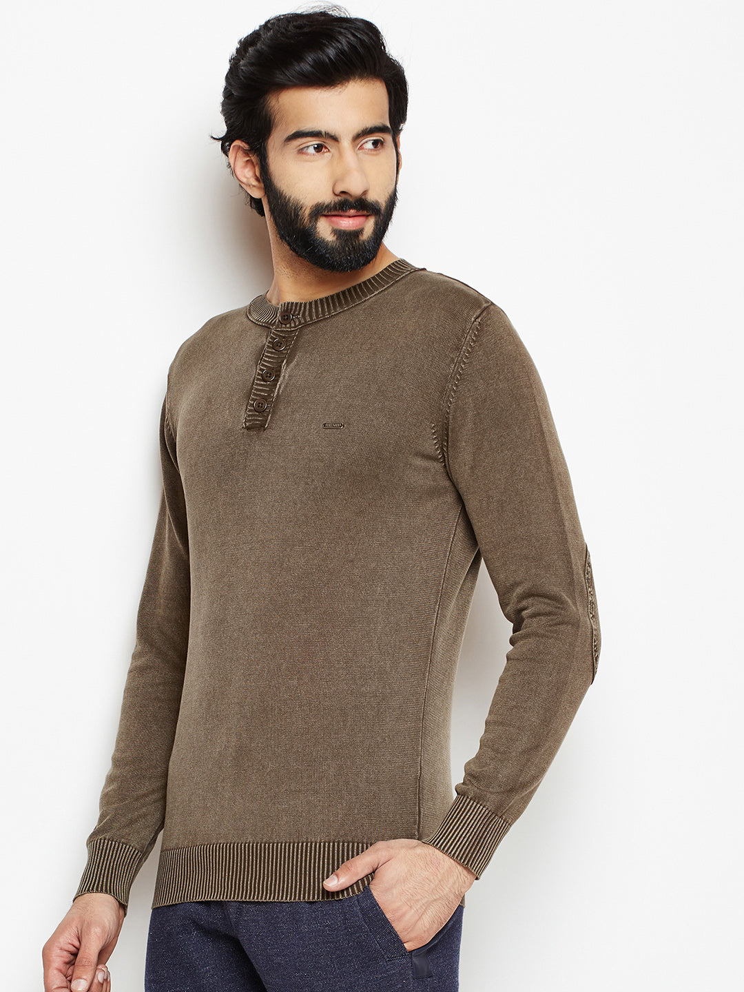 Brown Solid Round Neck Sweater-Mens Sweaters-Crimsoune Club