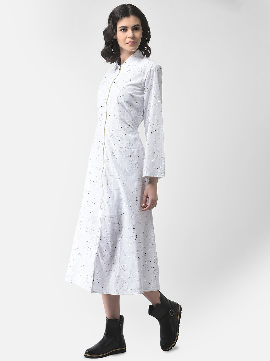 Black and White Constellation Midi Shirt Dress-Women Dresses-Crimsoune Club