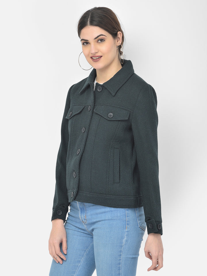 Deep Green Casual Winter Coat-Women Blazers-Crimsoune Club