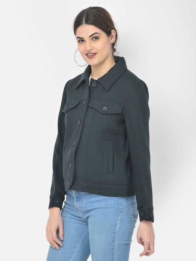 Deep Green Casual Winter Coat-Women Blazers-Crimsoune Club