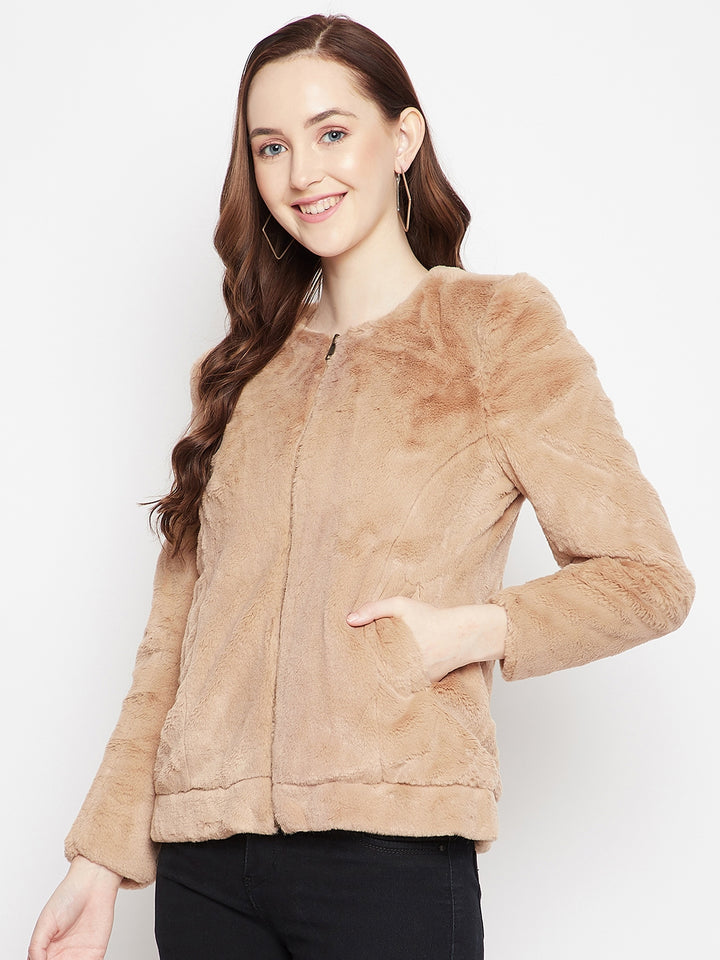 Beige Plush Zip-Front Jacket-Women Blazers-Crimsoune Club