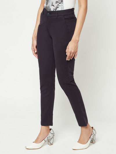 Navy Blue Slim Cotton Trousers-Women Trousers-Crimsoune Club