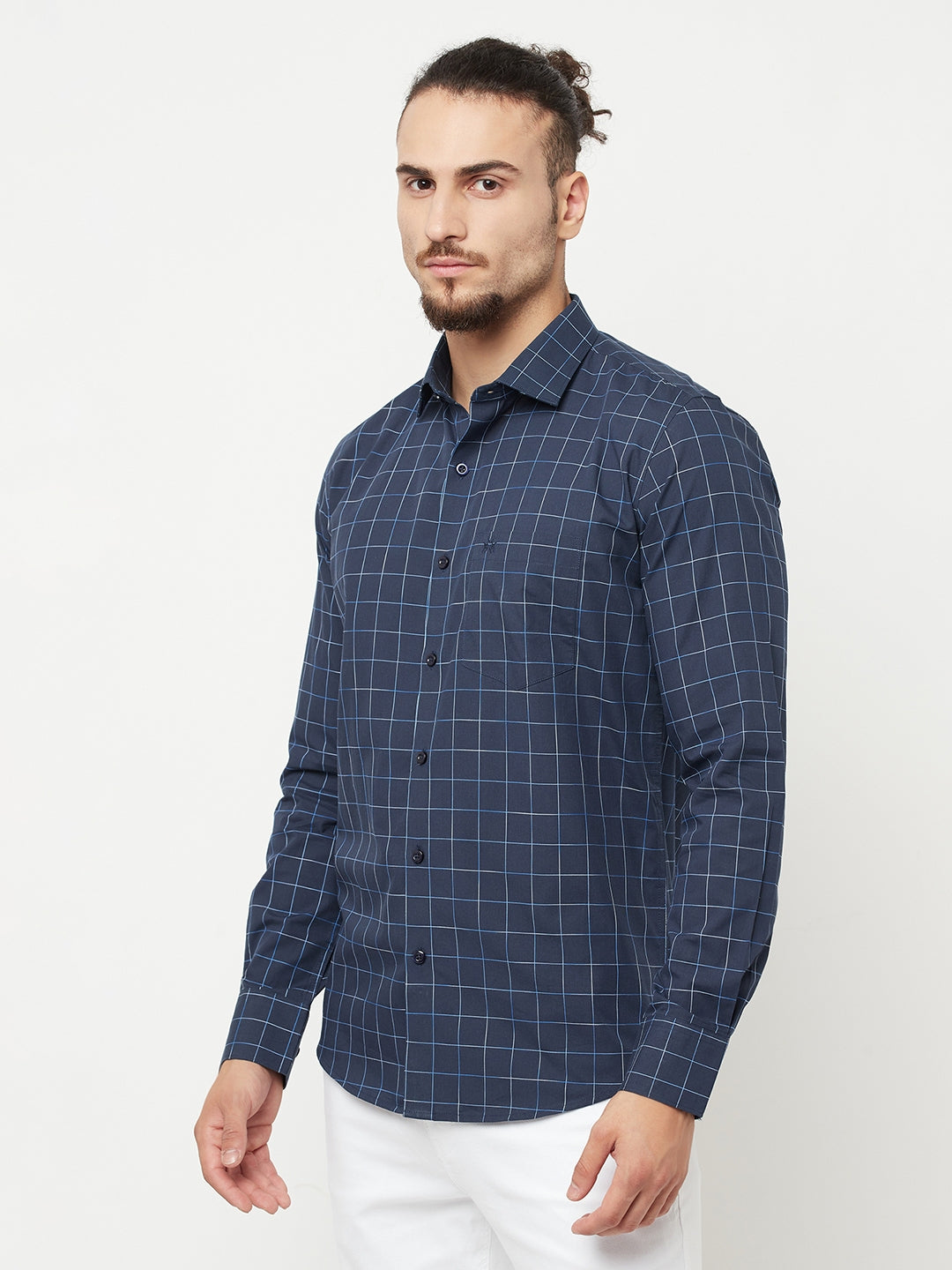Navy Blue Checked Casual Shirt-Men Shirts-Crimsoune Club