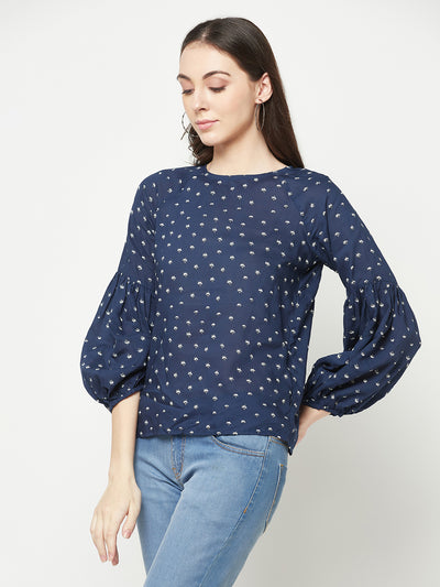 Navy Blue Printed Top-Women Tops-Crimsoune Club