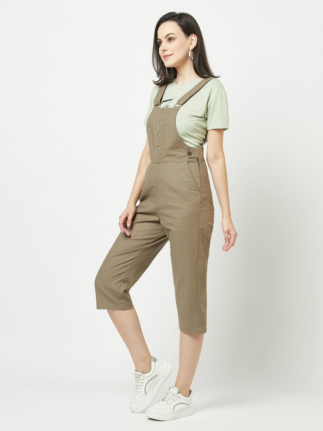 Olive Cotton Dungarees-Women Dungarees-Crimsoune Club