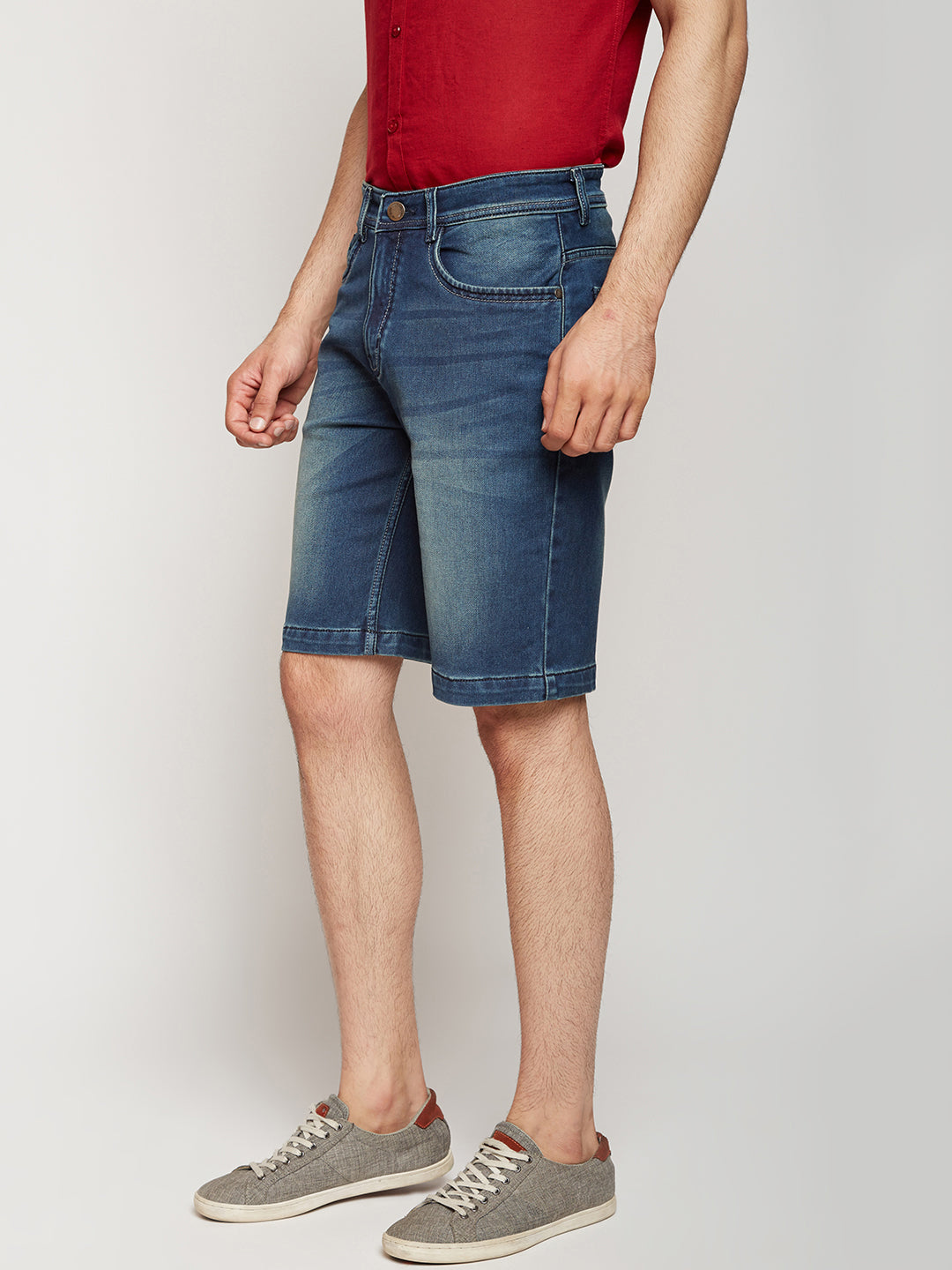 Blue Solid Denim Shorts-Men Shorts-Crimsoune Club