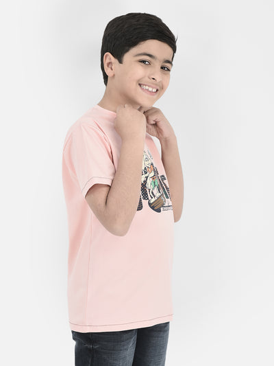 Peach Printed Round Neck T-shirt-Boys T-Shirts-Crimsoune Club