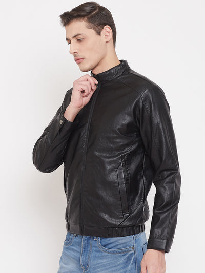 Black Solid Leather Jacket-Mens Jackets-Crimsoune Club
