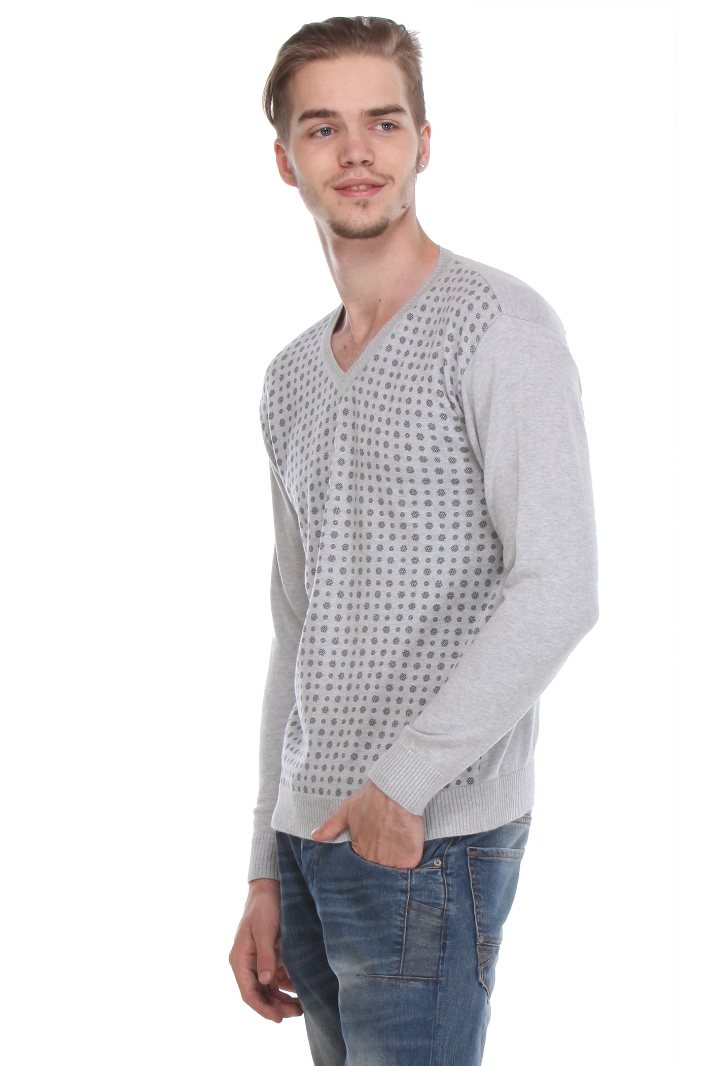 Grey Printed V-Neck Sweater-Mens Sweaters-Crimsoune Club