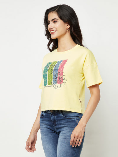 Yellow Printed Round Neck T-shirt-Women T-Shirts-Crimsoune Club