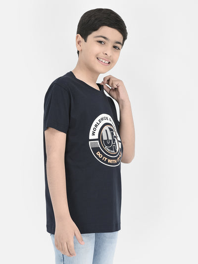 Navy Blue Printed Round Neck T-shirt-Boys T-Shirts-Crimsoune Club