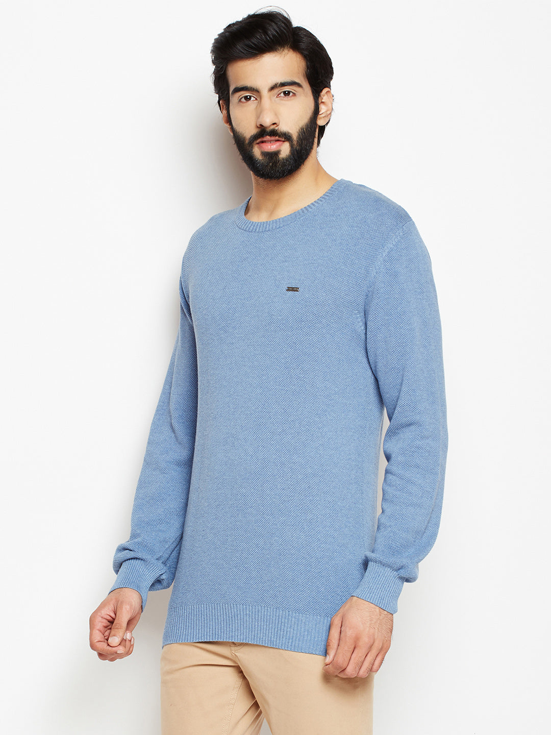 Blue Solid Round Neck Sweater-Mens Sweaters-Crimsoune Club