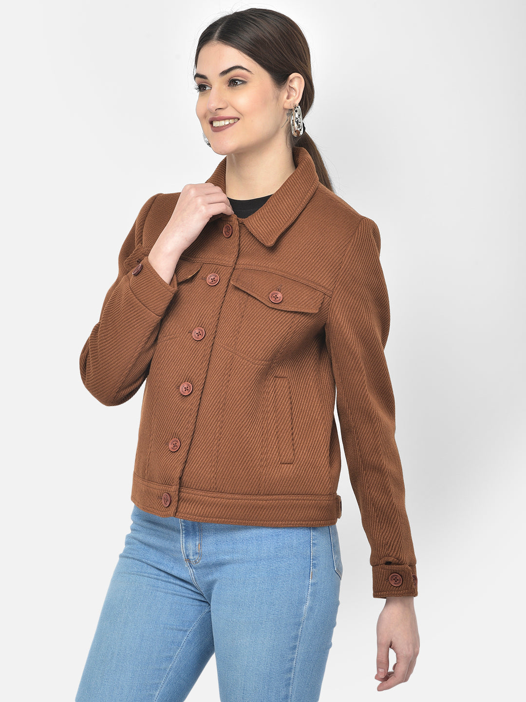 Brown Textured Short Coat-Women Blazers-Crimsoune Club