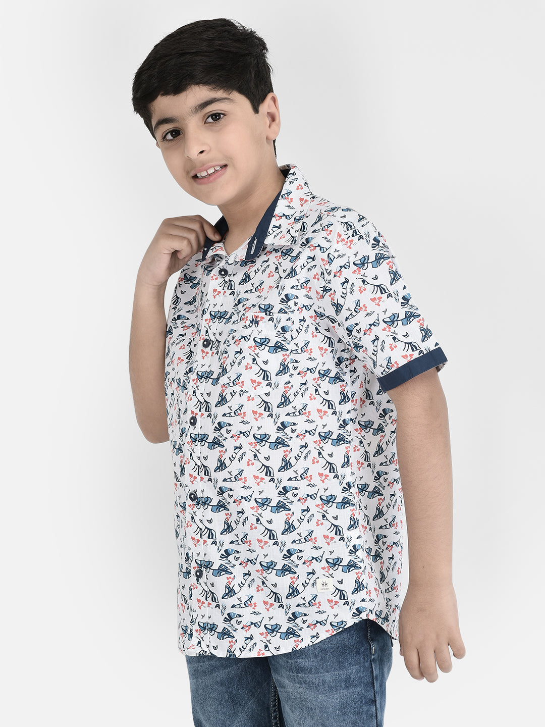 White Floral Printed Shirt-Boys Shirts-Crimsoune Club