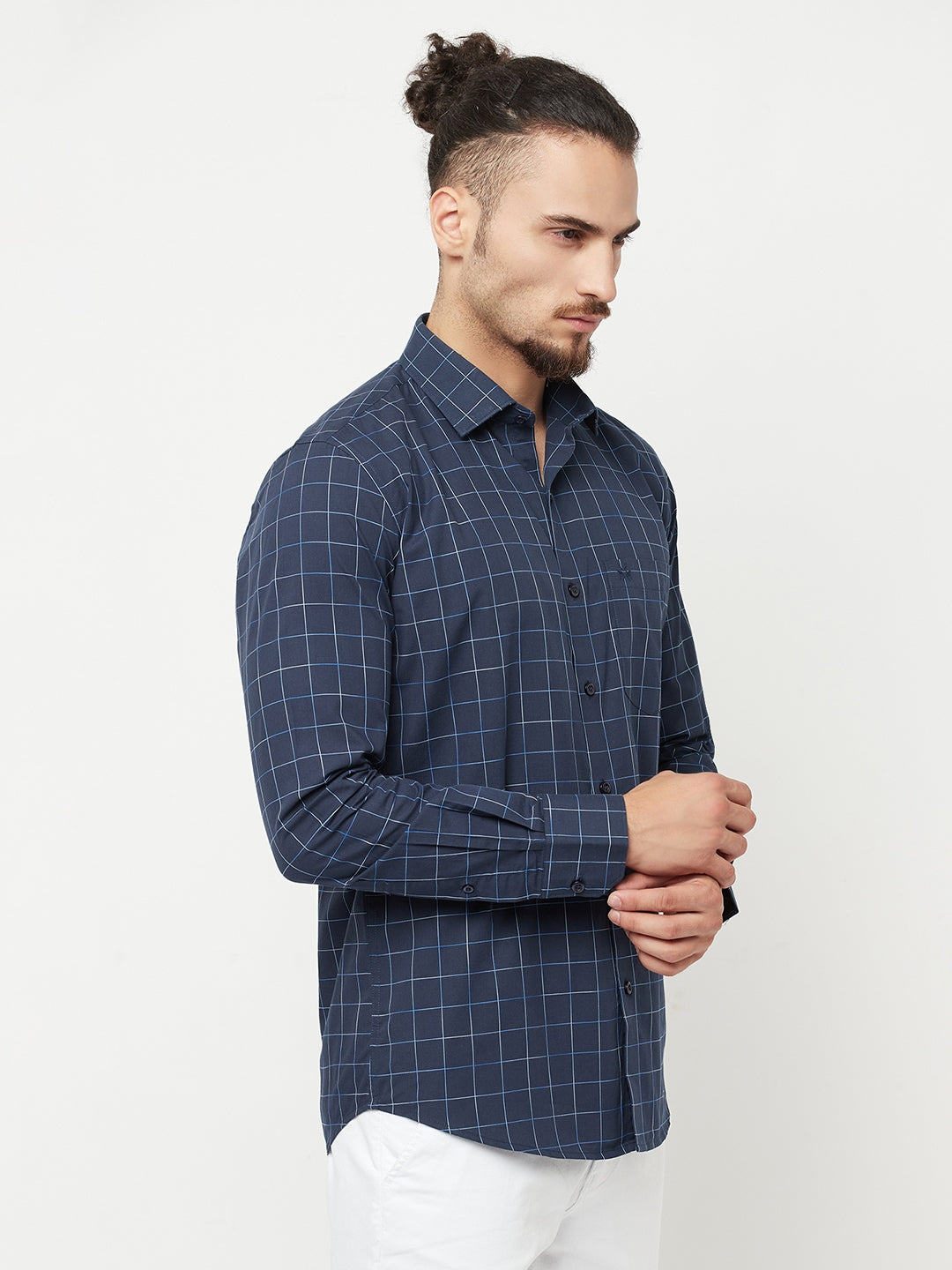 Navy Blue Checked Casual Shirt-Men Shirts-Crimsoune Club