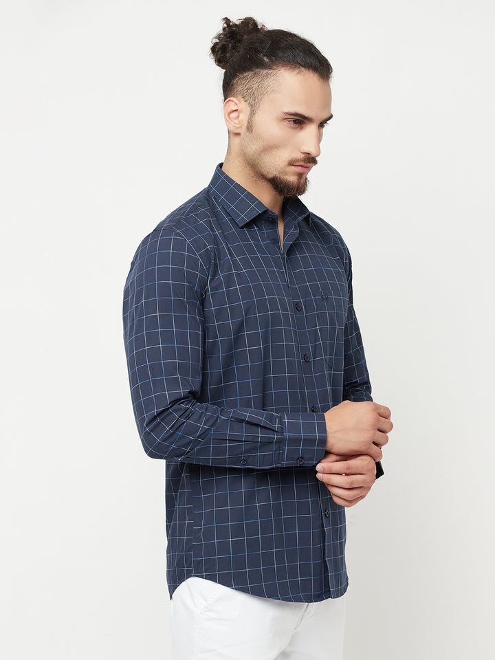 Navy Blue Checked Casual Shirt-Men Shirts-Crimsoune Club