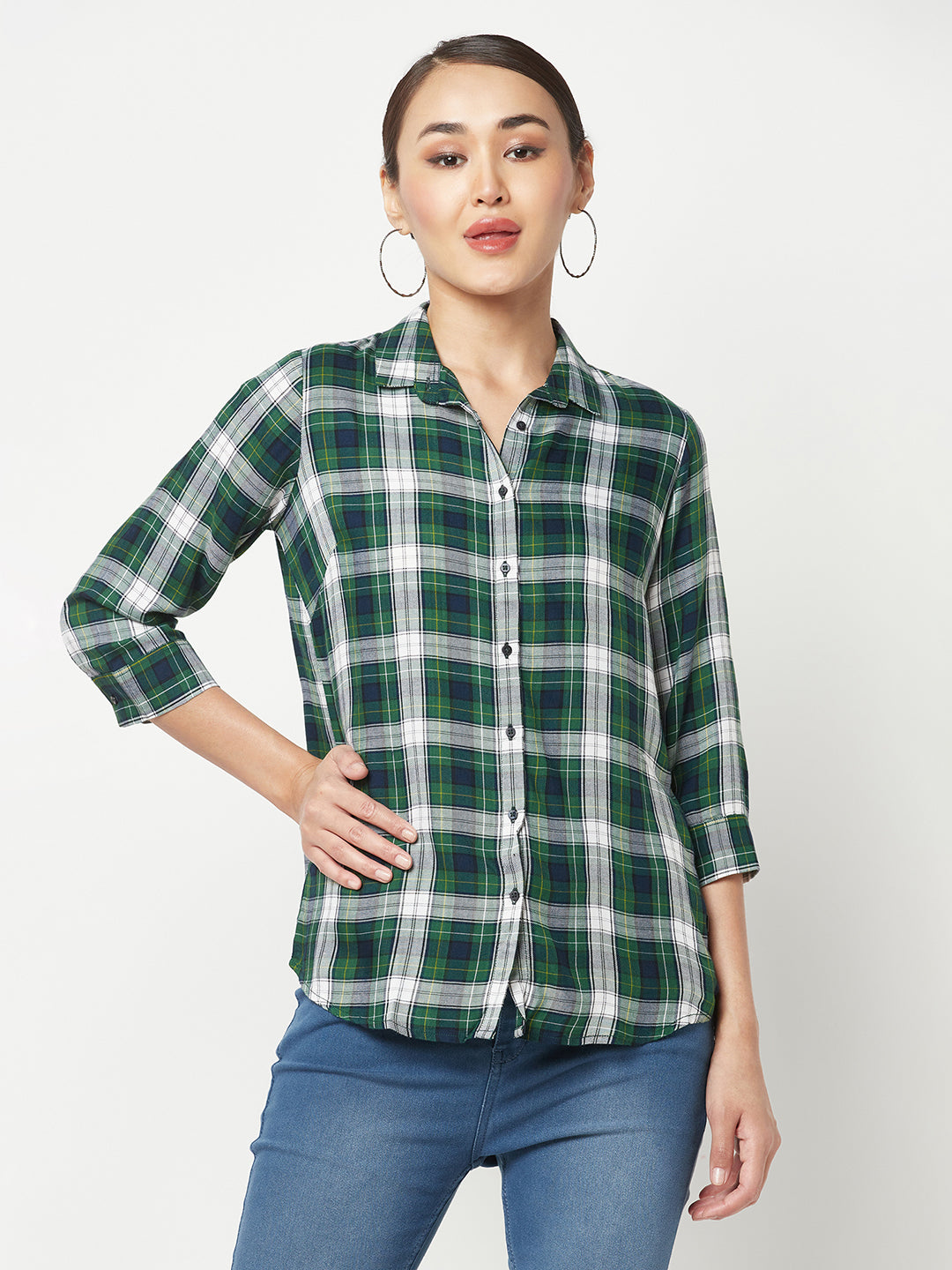 Green Checked Shirt-Women Shirts-Crimsoune Club