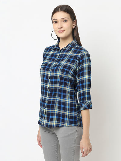 Navy Blue Shirt in Tartan Checks-Women Shirts-Crimsoune Club