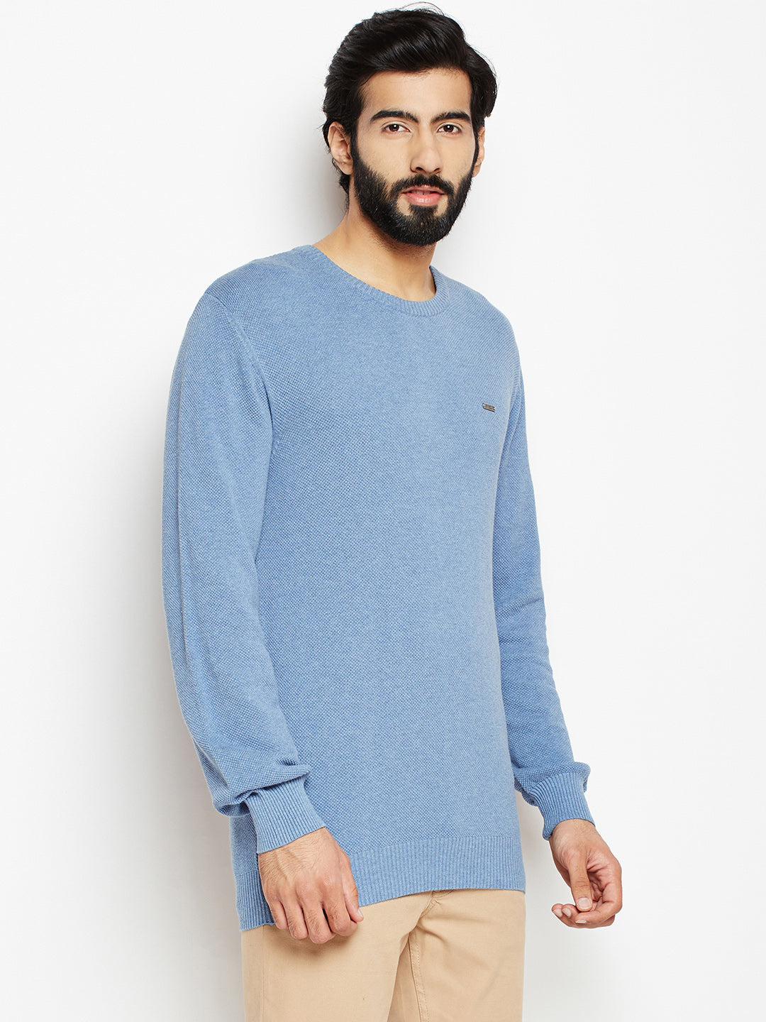 Blue Solid Round Neck Sweater-Mens Sweaters-Crimsoune Club