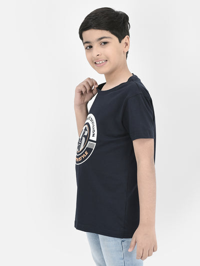 Navy Blue Printed Round Neck T-shirt-Boys T-Shirts-Crimsoune Club