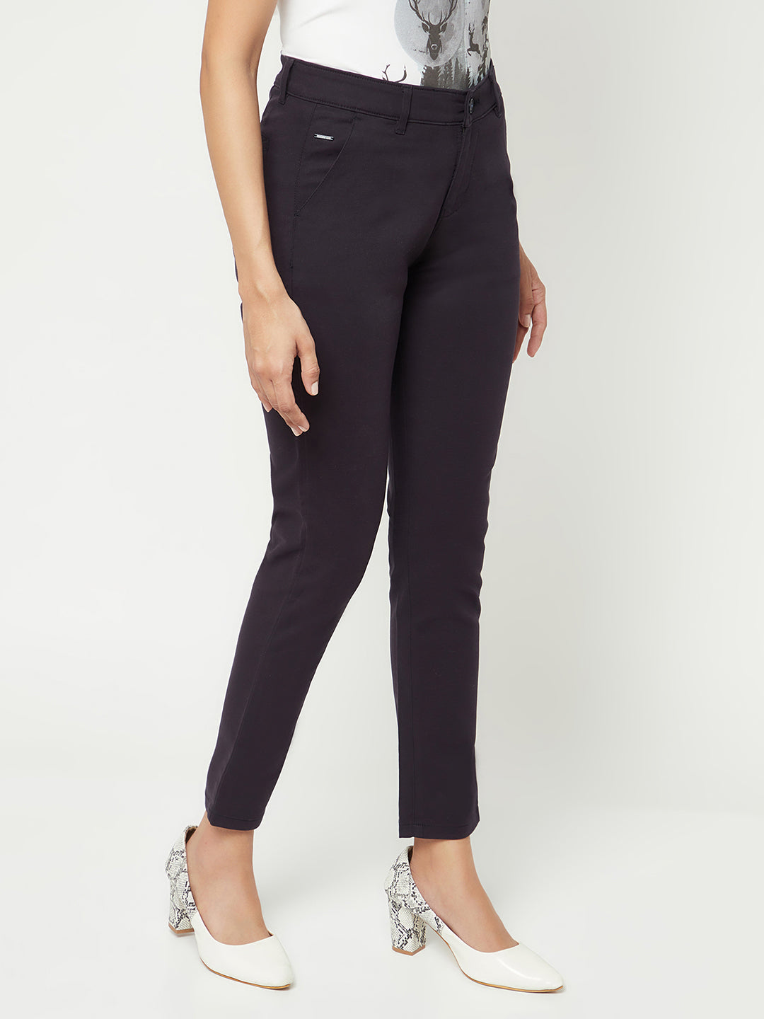 Navy Blue Slim Cotton Trousers-Women Trousers-Crimsoune Club