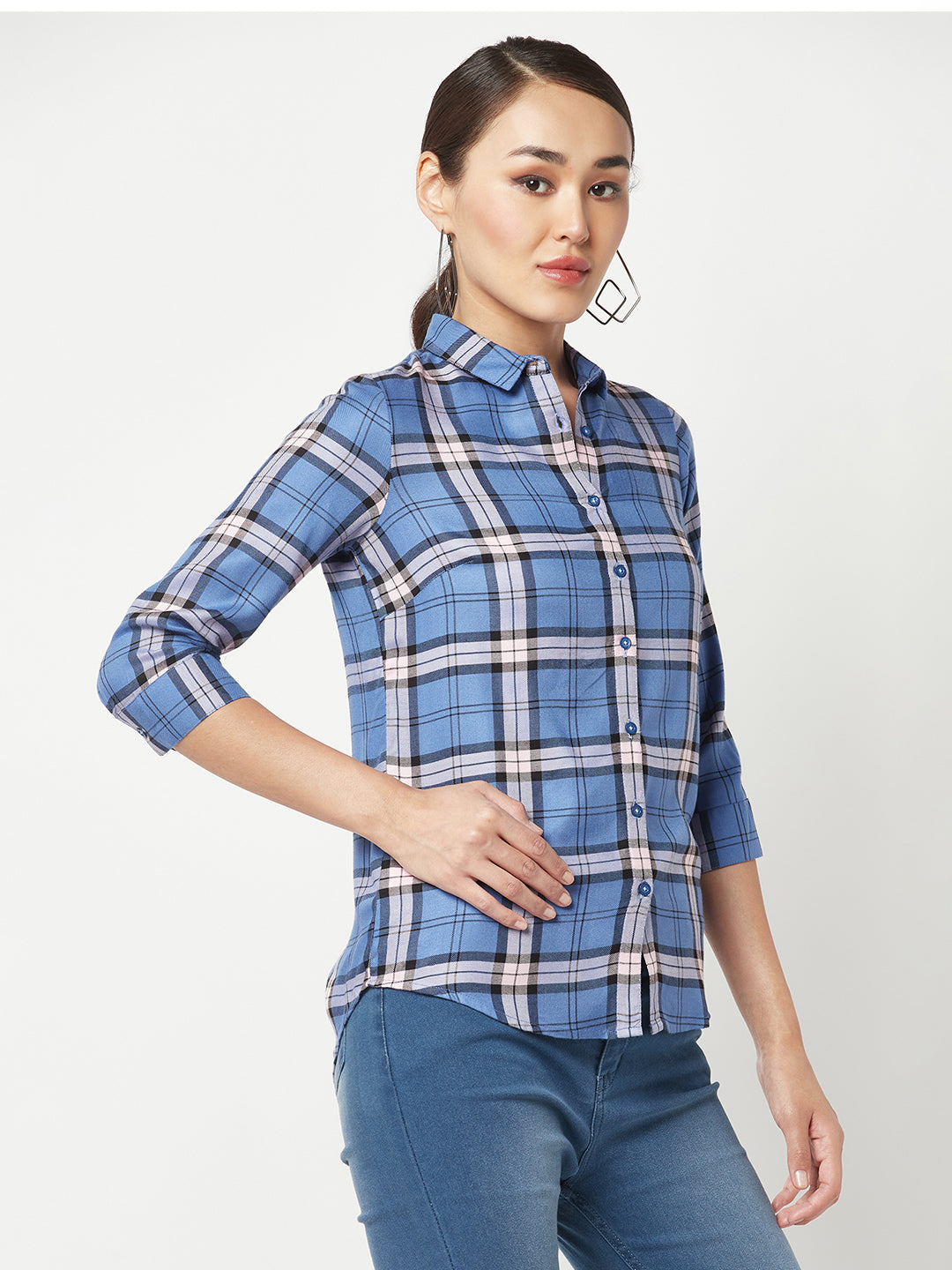 Blue Checked Shirt-Women Shirts-Crimsoune Club