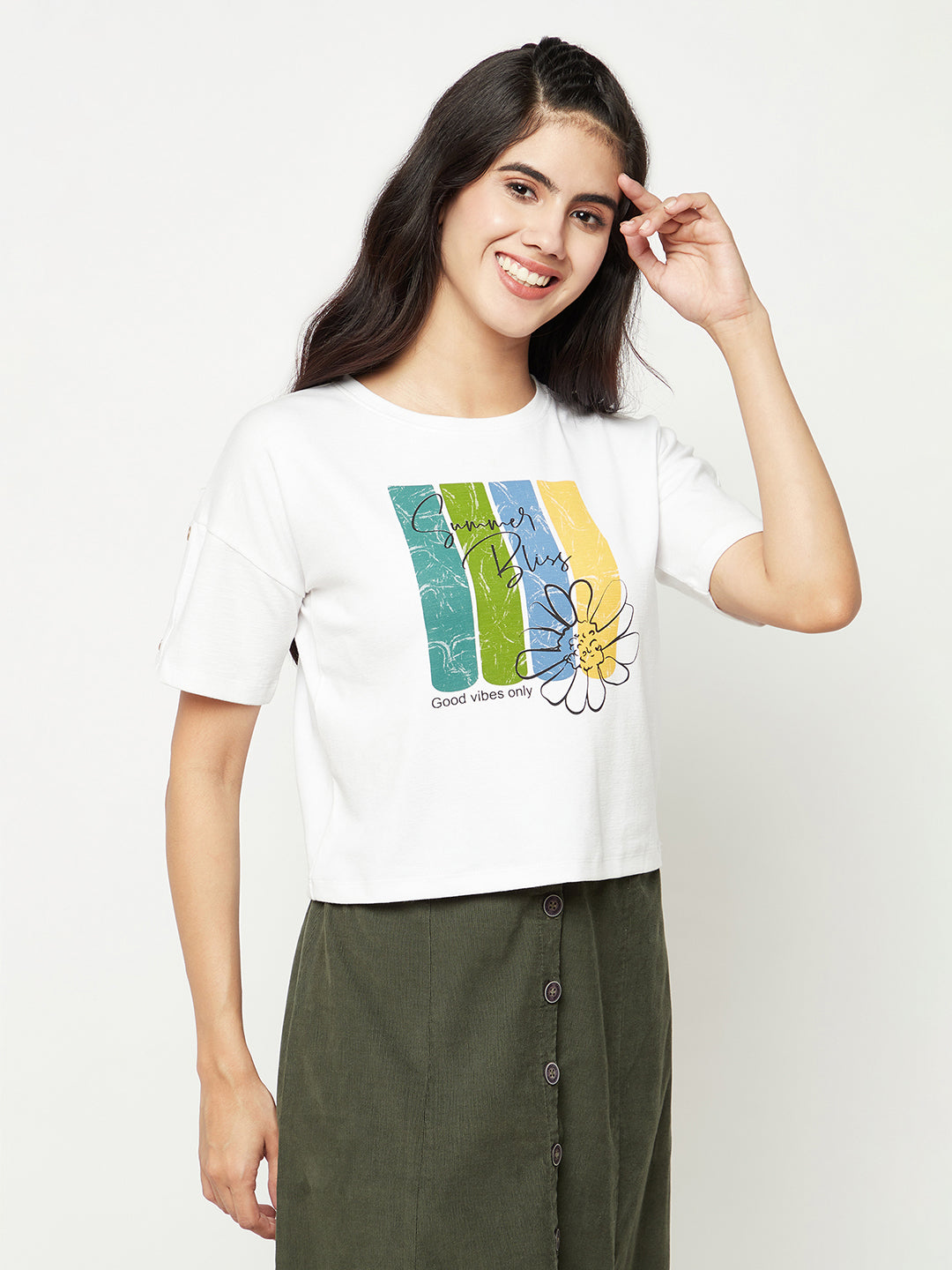 White Printed Round Neck T-shirt-Women T-Shirts-Crimsoune Club